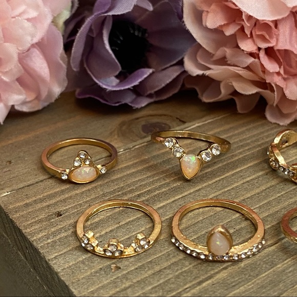12 Pcs Boho Gypsy Gold, Crystal & Opal Ring Set - Picture 11 of 16